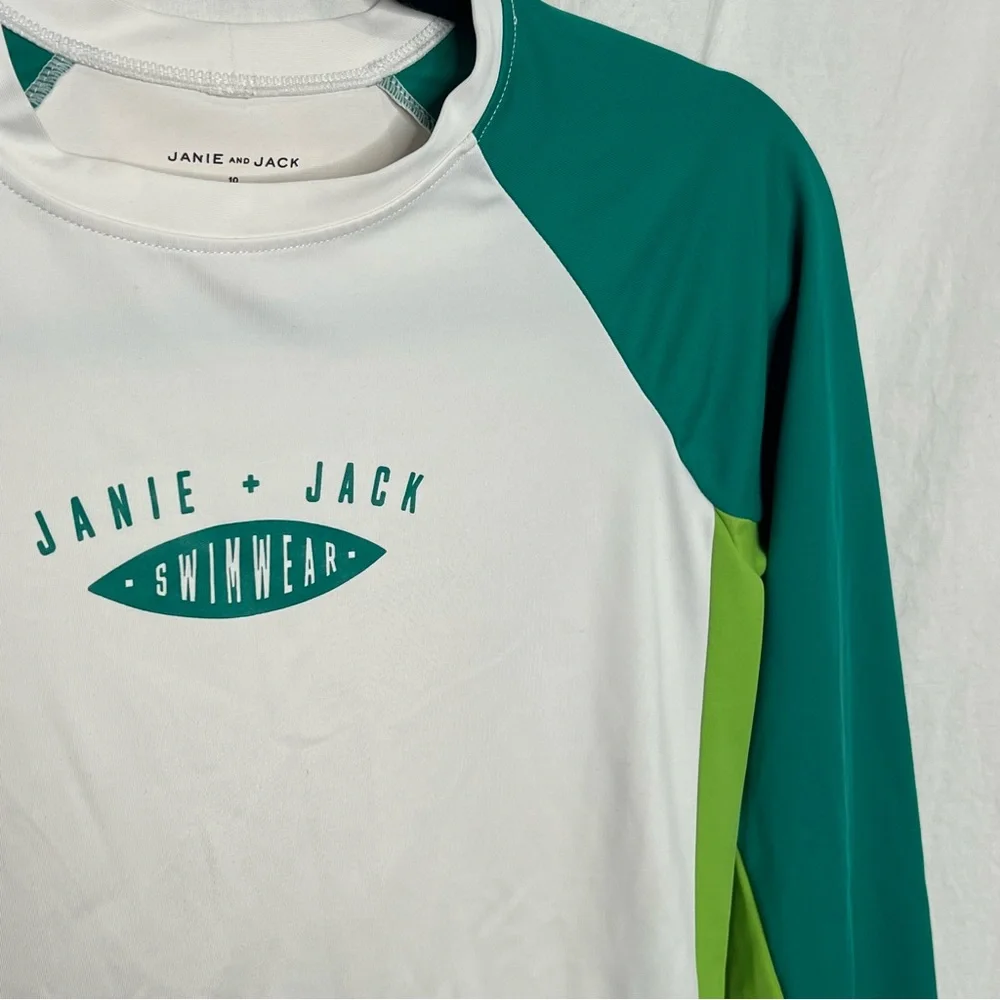 Janie & Jack Sz 10 Rashguard Long Sleeve Swim Top Green‎ White Logo Beach Pool